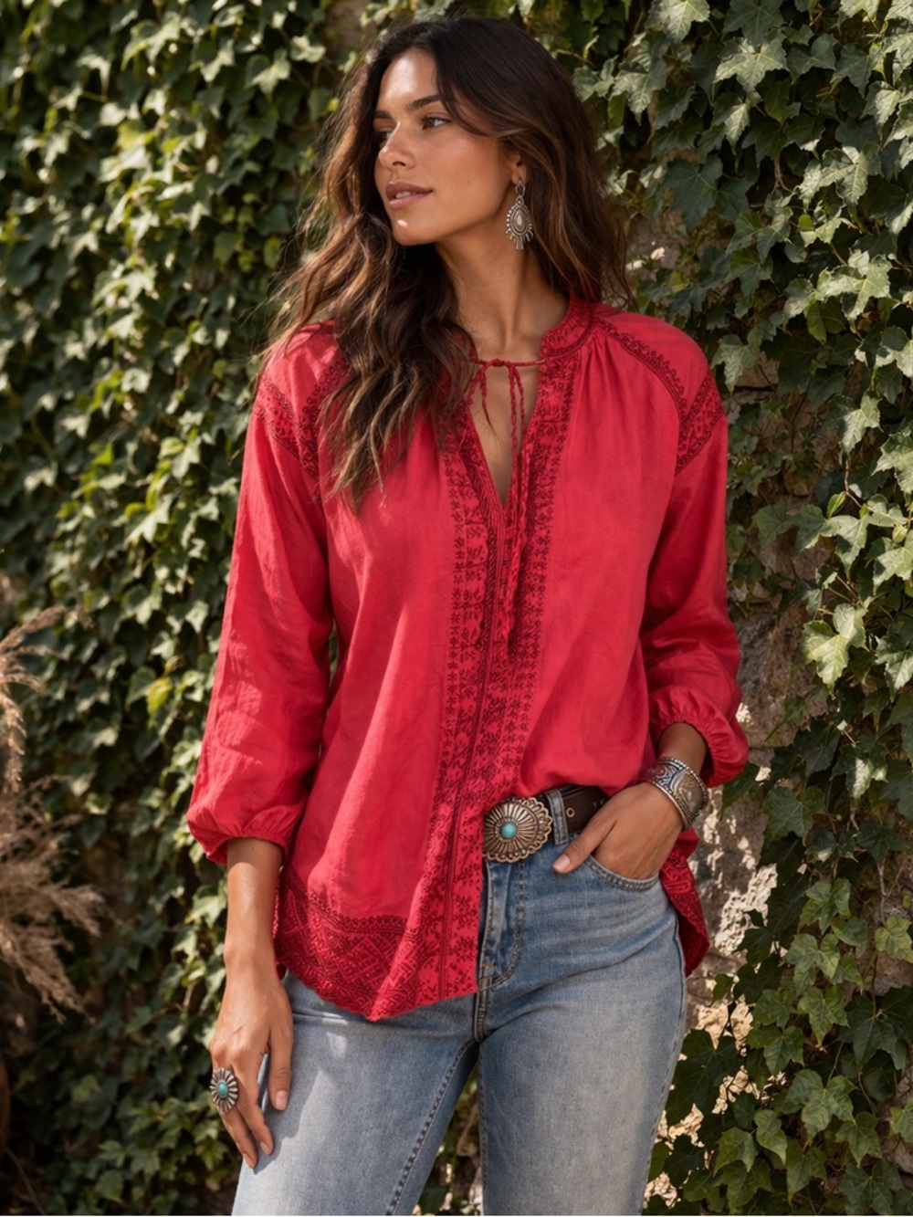 MADEWELL Embellished Tomato Red Cotton Boho Peasant Lightweight Tunic, XS